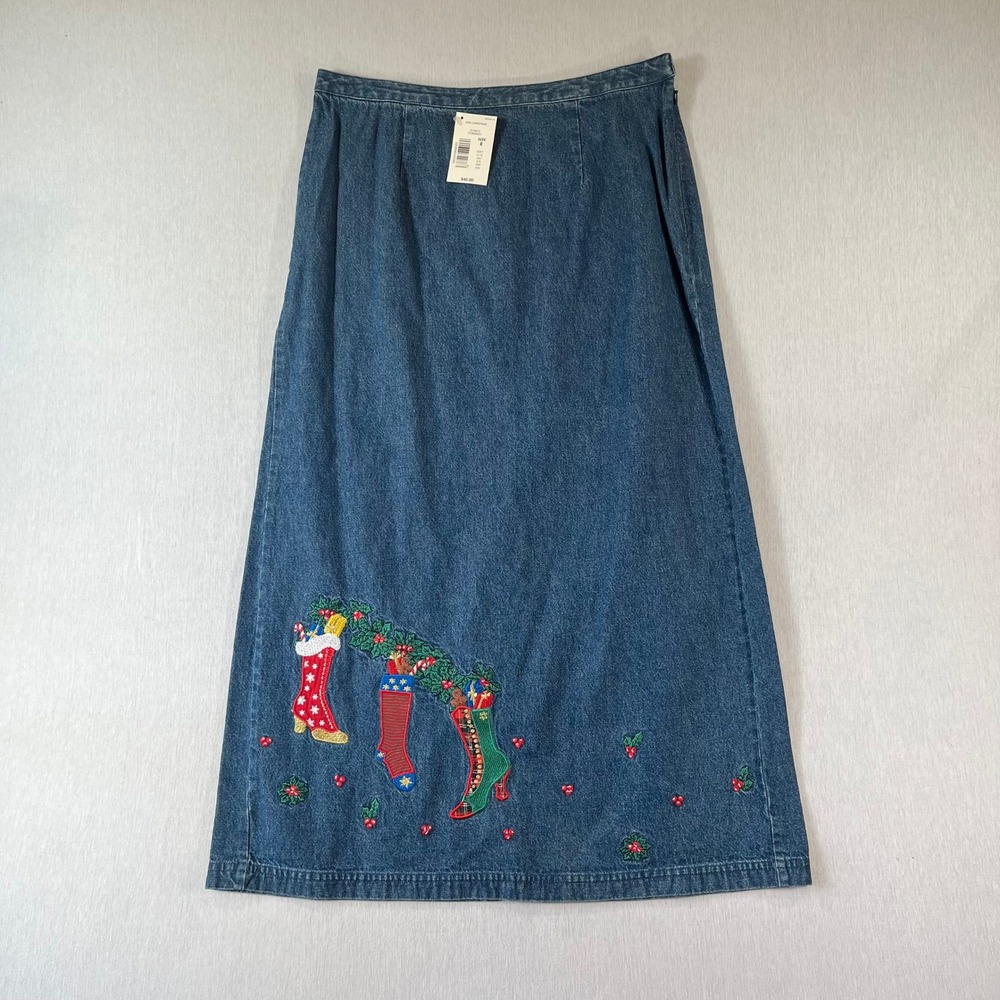 NEW VTG Westbound Denim Maxi Skirt 8 Christmas Embroidered Stockings 2003 NWT